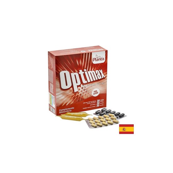 Енергия и тонус Optimax, стак, 30 ампули за пиене + 30 капсули витамини минерали, 30 капсули антиоксиданти