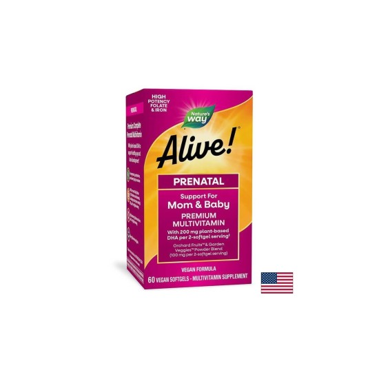 Alive! - Алайв Премиум мултивитамини за бременни с растителна DHA, 60 софтгел капсули Nature’s Way Alive! - Алайв Премиум мултивитамини за бременни с растителна DHA, 60 софтгел капсули Nature’s Way