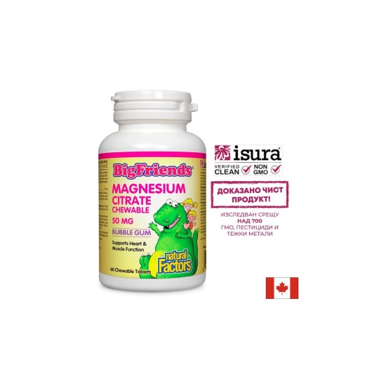 Magnesium Citrate Big Friends - Магнезий (цитрат) за деца 50 mg, 60 дъвчащи таблетки с вкус на дъвка Natural Factors