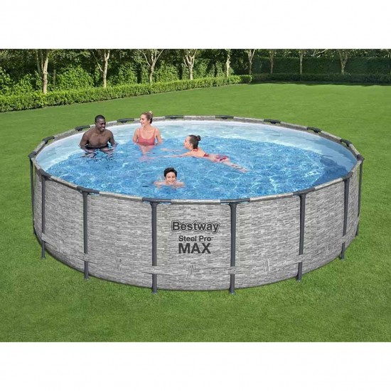 Басейн с метална конструкция, имитация на камък, 488x122см, Bestway 5619E Steel Pro Max, с филтърна помпа, стълба и покривало 56192