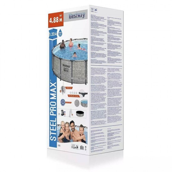 Басейн с метална конструкция, имитация на камък, 488x122см, Bestway 5619E Steel Pro Max, с филтърна помпа, стълба и покривало 56192