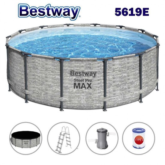 Басейн с метална конструкция, имитация на камък, 488x122см, Bestway 5619E Steel Pro Max, с филтърна помпа, стълба и покривало 56192