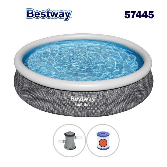 Басейн с надуваем ринг, семеен, сив ратан, 366x76 см, с филтърна помпа Bestway 57445 Басейн с надуваем ринг, семеен, сив ратан, 366x76 см, с филтърна помпа Bestway 57445