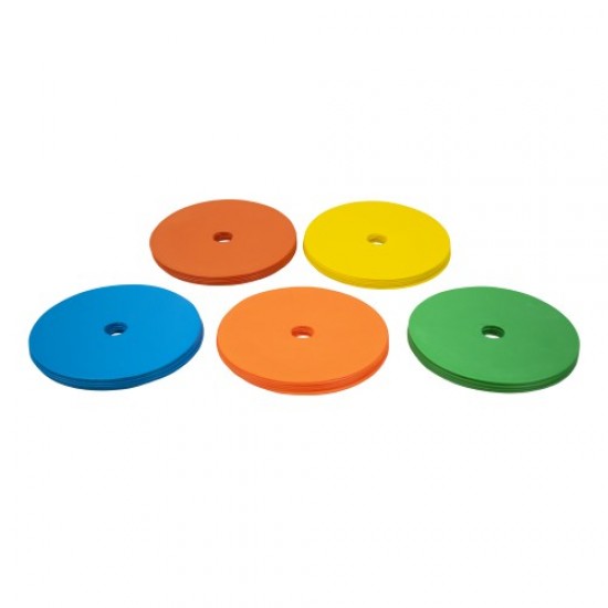 Маркери кръгли Ф15 см с дупка, 30 броя, 5 цвята, комплект с носач 300201