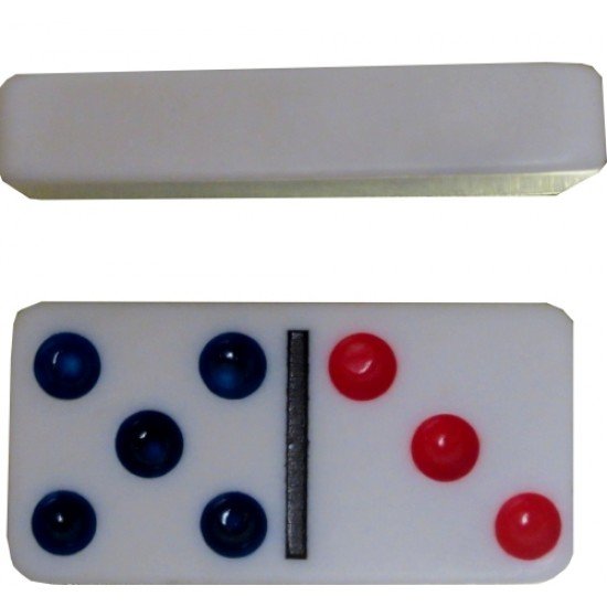 Домино в метална кутия, съдържа бели плочки с цветни точки
