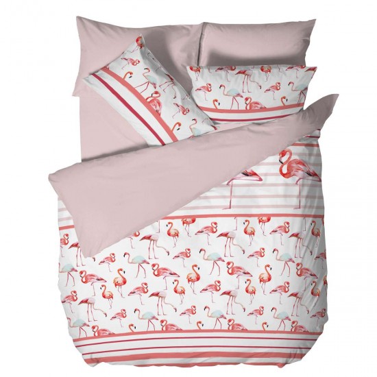 Спално бельо Ранфорс единичен - Фламинго Бяло и Розово