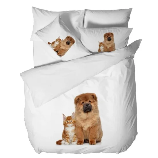 Спално бельо Ранфорс 3D голяма - Коте и Куче