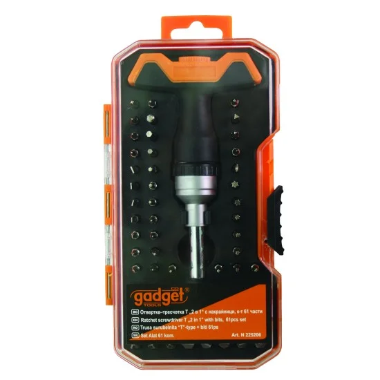 Отвертка-тресчотка Т дръжка "2 в 1" с накр., к-т 61 части GD