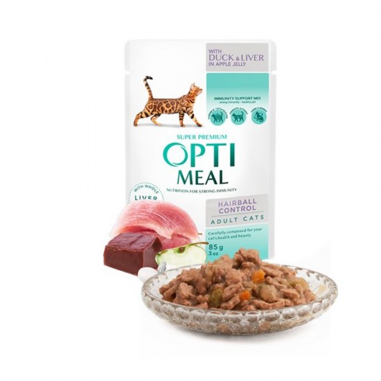 OPTIMEAL POUCH ADULT CAT HAIRBALL CONTROL WITH DUCK AND SLICES OF LIVER IN APPLE JELLY 0.85 KG Супер премиум консервирана храна за котки OPTIMEAL POUCH ADULT CAT HAIRBALL CONTROL WITH DUCK AND SLICES OF LIVER IN APPLE JELLY 0.85 KG Супер премиум консервирана храна за котки