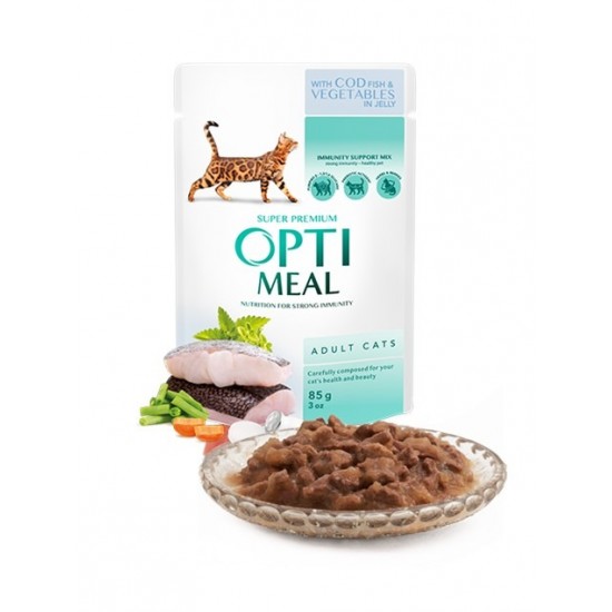OPTIMEAL POUCH ADULT CAT WITH COD FISH AND VEGGIES IN JELLY 0.085 KG – ПАУЧ ЗА КОТКИ OPTIMEAL POUCH ADULT CAT WITH COD FISH AND VEGGIES IN JELLY 0.085 KG – ПАУЧ ЗА КОТКИ