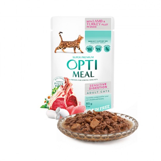 OPTIMEAL POUCH ADULT CAT GRAIN FREE SENSITIVE DIGESTION WITH LAMB AND TURKEY FILLET IN SAUCE 3+1 BONUS Супер премиум консервирана храна за котки OPTIMEAL POUCH ADULT CAT GRAIN FREE SENSITIVE DIGESTION WITH LAMB AND TURKEY FILLET IN SAUCE 3+1 BONUS Супер премиум консервирана храна за котки