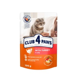 CLUB 4 PAWS POUCH PREMIUM ADULT CAT WITH TURKEY IN JELLY 0.100 ГР. 24PCS – Пълноценна консервирана храна за котки CLUB 4 PAWS POUCH PREMIUM ADULT CAT WITH TURKEY IN JELLY 0.100 ГР. 24PCS – Пълноценна консервирана храна за котки