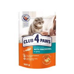 CLUB 4 PAWS POUCH PREMIUM ADULT CAT WITH MACKEREL IN GRAVY SAUCE 0.100 ГР. 24PCS – Пълноценна консервирана храна за котки CLUB 4 PAWS POUCH PREMIUM ADULT CAT WITH MACKEREL IN GRAVY SAUCE 0.100 ГР. 24PCS – Пълноценна консервирана храна за котки