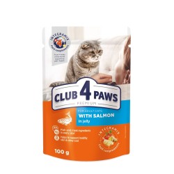 CLUB 4 PAWS POUCH PREMIUM ADULT CAT WITH SALMON IN JELLY 0.100 ГР. – Пълноценна консервирана храна за котки CLUB 4 PAWS POUCH PREMIUM ADULT CAT WITH SALMON IN JELLY 0.100 ГР. – Пълноценна консервирана храна за котки