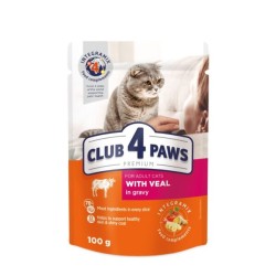 CLUB 4 PAWS POUCH PREMIUM ADULT CAT WITH VEAL IN GRAVY 0.100 ГР. 24. – Пълноценна консервирана храна за котки CLUB 4 PAWS POUCH PREMIUM ADULT CAT WITH VEAL IN GRAVY 0.100 ГР. 24. – Пълноценна консервирана храна за котки