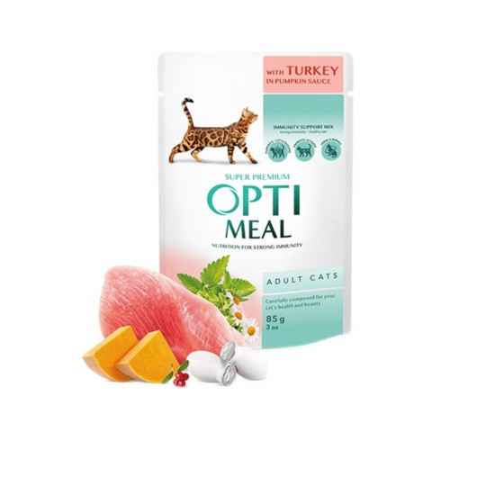 OPTIMEAL POUCH ADULT CAT WITH TURKEY IN PUMPKIN SAUCE 0.85 KG Супер премиум консервирана храна за котки OPTIMEAL POUCH ADULT CAT WITH TURKEY IN PUMPKIN SAUCE 0.85 KG Супер премиум консервирана храна за котки
