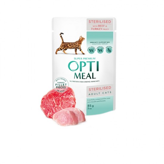 OPTIMEAL POUCH ADULT CAT STERILISED WITH BEEF AND TURKEY FILLET IN JELLY 0.085 KG Супер премиум консервирана храна за котки OPTIMEAL POUCH ADULT CAT STERILISED WITH BEEF AND TURKEY FILLET IN JELLY 0.085 KG Супер премиум консервирана храна за котки