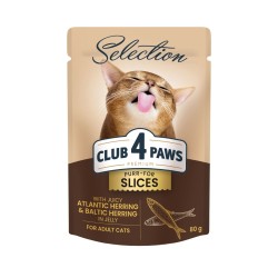 CLUB 4 PAWS POUCH PREMIUM ADULT CAT SLICES WITH ATLANTIC HERRING AND BALTIC HERRING IN JELLY 0.080 ГР. – Пълноценна консервирана храна за котки CLUB 4 PAWS POUCH PREMIUM ADULT CAT SLICES WITH ATLANTIC HERRING AND BALTIC HERRING IN JELLY 0.080 ГР. – Пълноценна консервирана храна за котки