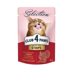 CLUB 4 PAWS POUCH PREMIUM ADULT CAT STRIPS WITH TURKEY IN CREAM OF CARROT SOUP 0.085 KG. – Пълноценна консервирана храна за котки CLUB 4 PAWS POUCH PREMIUM ADULT CAT STRIPS WITH TURKEY IN CREAM OF CARROT SOUP 0.085 KG. – Пълноценна консервирана храна за котки
