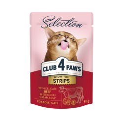 CLUB 4 PAWS POUCH PREMIUM ADULT CAT STRIPS WITH BEEF IN BROCCOLI CREAM SOUP 0.085 KG. – Пълноценна консервирана храна за котки CLUB 4 PAWS POUCH PREMIUM ADULT CAT STRIPS WITH BEEF IN BROCCOLI CREAM SOUP 0.085 KG. – Пълноценна консервирана храна за котки