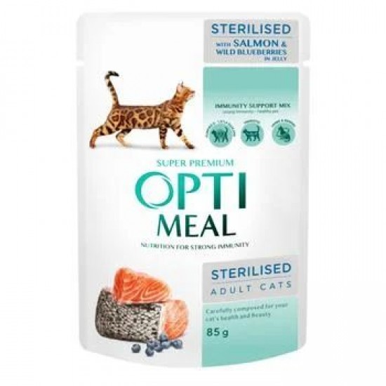 OPTIMEAL POUCH ADULT CAT STERILISED WITH SALMON AND WILD BLUEBERRIES IN JELLY 0.085 KG – ПАУЧ ЗА КОТЕ OPTIMEAL POUCH ADULT CAT STERILISED WITH SALMON AND WILD BLUEBERRIES IN JELLY 0.085 KG – ПАУЧ ЗА КОТЕ