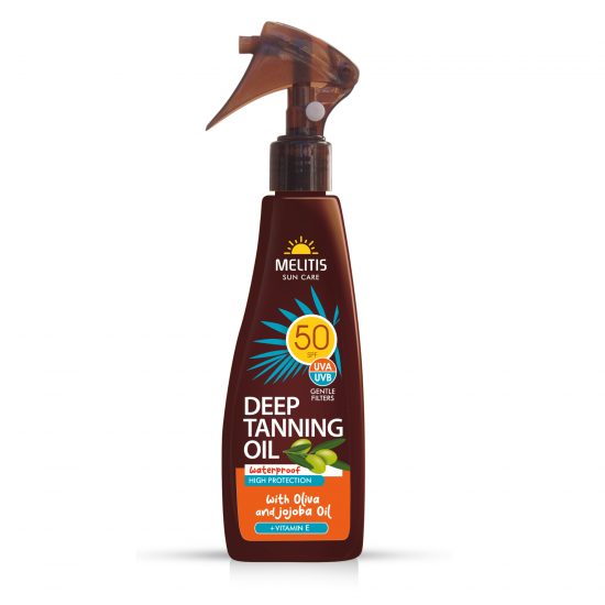 Масло за интензивен загар “Melitis” SPF50 с масло от маслина, жожоба и витамин Е 200 ml Масло за интензивен загар “Melitis” SPF50 с масло от маслина, жожоба и витамин Е 200 ml