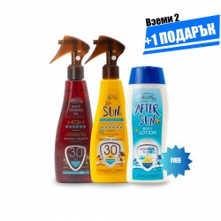 Промо пакет Слънцезащитен спрей SPF30 + Масло за интензивен загар SPF30 + подарък Лосион след плаж Промо пакет Слънцезащитен спрей SPF30 + Масло за интензивен загар SPF30 + подарък Лосион след плаж
