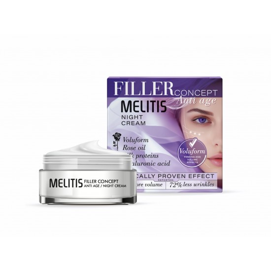 Anti-Age Нощен крем за лице “Melitis Filler Concept” с Voluform, хиалуронова киселина, копринени протеини и розово масло Anti-Age Нощен крем за лице “Melitis Filler Concept” с Voluform, хиалуронова киселина, копринени протеини и розово масло