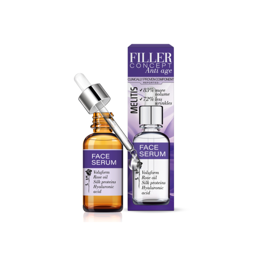 Anti-Age Серум за лице “Melitis Filler Concept ” с Voluform™, хиалуронова киселина, копринени протеини и розово масло Anti-Age Серум за лице “Melitis Filler Concept ” с Voluform™, хиалуронова киселина, копринени протеини и розово масло