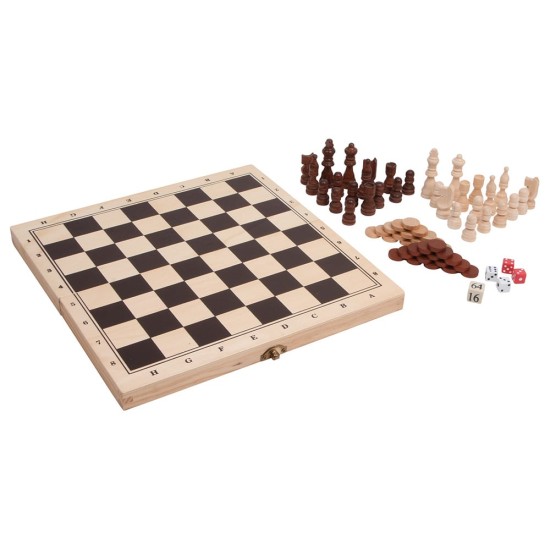 Small Foot Шах, табла и игри със зарове, 3 в 1, в дървена кутия Small Foot Шах, табла и игри със зарове, 3 в 1, в дървена кутия