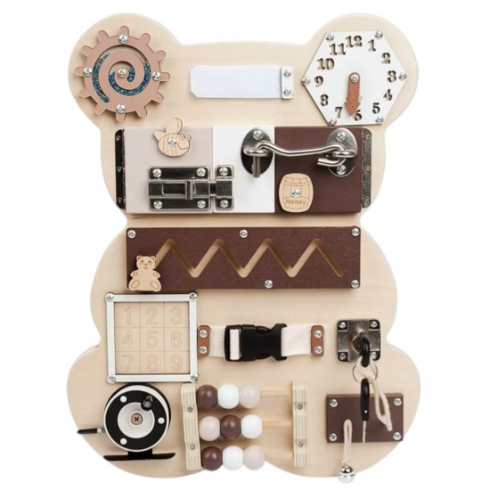 Дървен Бизи Борд Мече GINGER HOME, Монтесори Дъска за Фина Моторика, 30x39 см Дървен Бизи Борд Мече GINGER HOME, Монтесори Дъска за Фина Моторика, 30x39 см