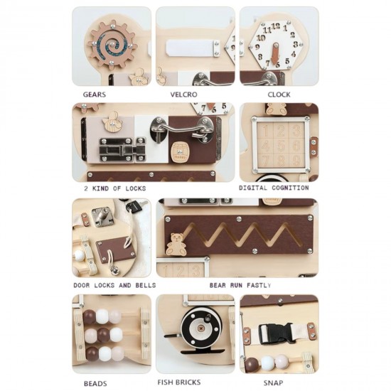 Дървен Бизи Борд Мече GINGER HOME, Монтесори Дъска за Фина Моторика, 30x39 см Дървен Бизи Борд Мече GINGER HOME, Монтесори Дъска за Фина Моторика, 30x39 см