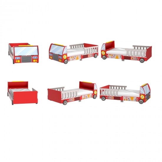 Дървено Детско Легло - Пожарна Кола с Рамка за Безопасност - FIRE