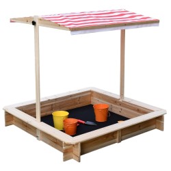 Детски Пясъчник GINGER HOME с Регулируем Покрив с UV Защита, 117x117x113 см, Дървен – Идеален за Игра на Открито