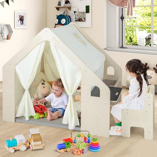 Детска Дървена Къща за Игра 6 в 1 GINGER HOME – Стол, Маса, Черна Дъска, Органайзер, Тента и Мека Подложка Детска Дървена Къща за Игра 6 в 1 GINGER HOME – Стол, Маса, Черна Дъска, Органайзер, Тента и Мека Подложка