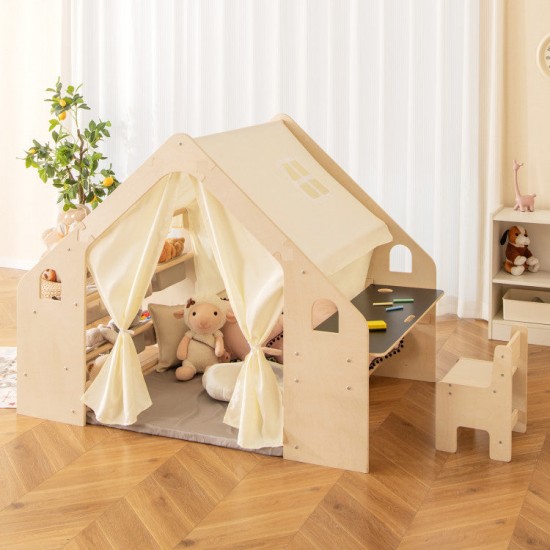 Детска Дървена Къща за Игра 6 в 1 GINGER HOME – Стол, Маса, Черна Дъска, Органайзер, Тента и Мека Подложка Детска Дървена Къща за Игра 6 в 1 GINGER HOME – Стол, Маса, Черна Дъска, Органайзер, Тента и Мека Подложка