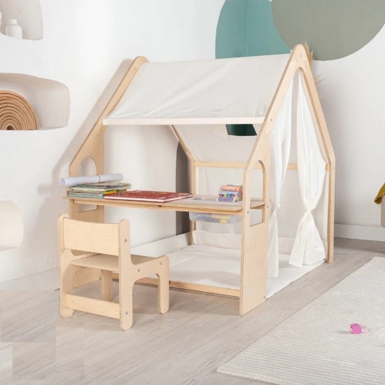 Детска Дървена Къща за Игра 6 в 1 GINGER HOME – Стол, Маса, Черна Дъска, Органайзер, Тента и Мека Подложка Детска Дървена Къща за Игра 6 в 1 GINGER HOME – Стол, Маса, Черна Дъска, Органайзер, Тента и Мека Подложка