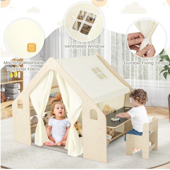 Детска Дървена Къща за Игра 6 в 1 GINGER HOME – Стол, Маса, Черна Дъска, Органайзер, Тента и Мека Подложка Детска Дървена Къща за Игра 6 в 1 GINGER HOME – Стол, Маса, Черна Дъска, Органайзер, Тента и Мека Подложка