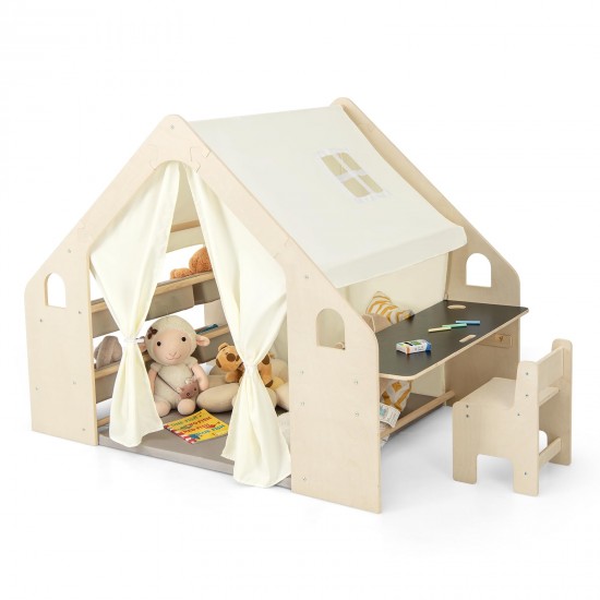 Детска Дървена Къща за Игра 6 в 1 GINGER HOME – Стол, Маса, Черна Дъска, Органайзер, Тента и Мека Подложка Детска Дървена Къща за Игра 6 в 1 GINGER HOME – Стол, Маса, Черна Дъска, Органайзер, Тента и Мека Подложка