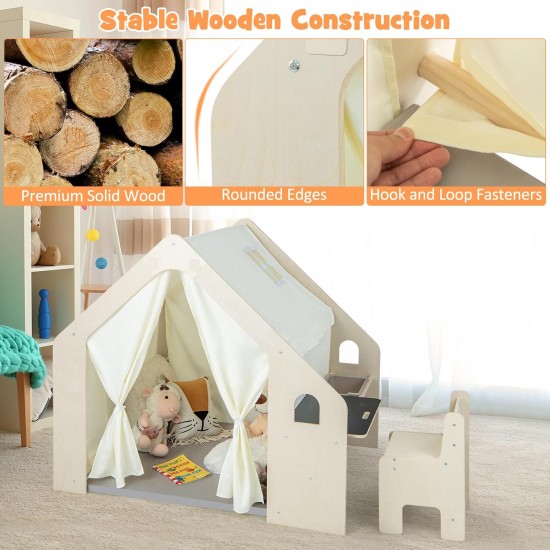 Детска Дървена Къща за Игра 6 в 1 GINGER HOME – Стол, Маса, Черна Дъска, Органайзер, Тента и Мека Подложка Детска Дървена Къща за Игра 6 в 1 GINGER HOME – Стол, Маса, Черна Дъска, Органайзер, Тента и Мека Подложка