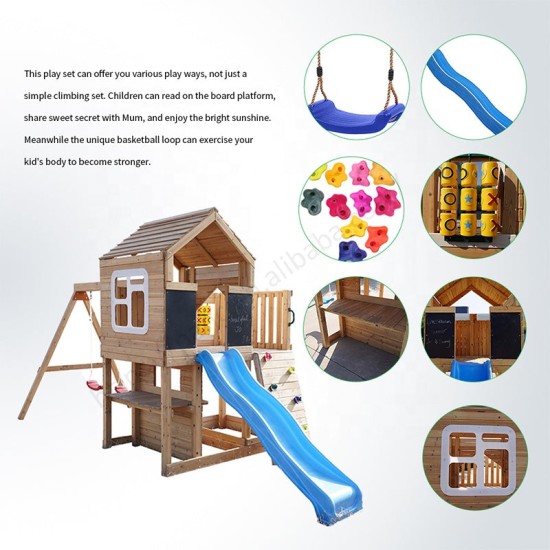 Голяма Детска Дървена Къщичка GINGER HOME за Двор с Пързалка, 2 Люлки, Катерушка и Пясъчник – 250×150×267 см