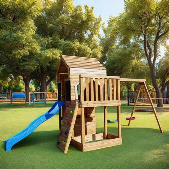 Голяма Детска Дървена Къщичка GINGER HOME за Двор с Пързалка, 2 Люлки, Катерушка и Пясъчник – 250×150×267 см
