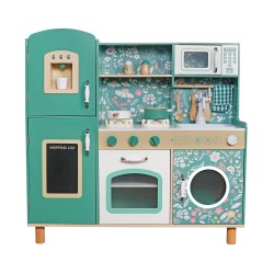 Детска Дървена Кухня GINGER HOME – Винтидж Стил с Електронни Котлони, Светлини, Звуци и Функционални Аксесоари, 91x31x90 см