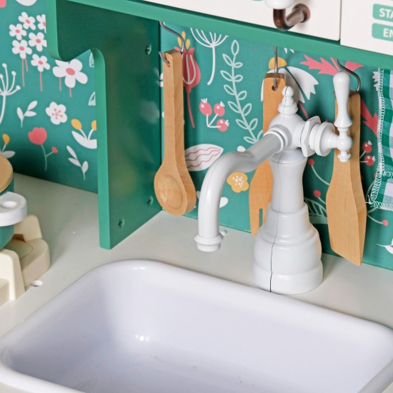 Детска Дървена Кухня GINGER HOME – Винтидж Стил с Електронни Котлони, Светлини, Звуци и Функционални Аксесоари, 91x31x90 см