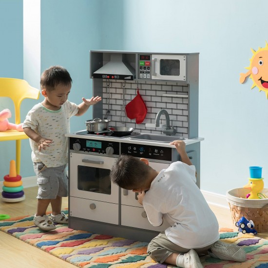 Детска Дървена Кухня със Звук, Светлина и Аксесоари за Готвене - Бяло/Сиво