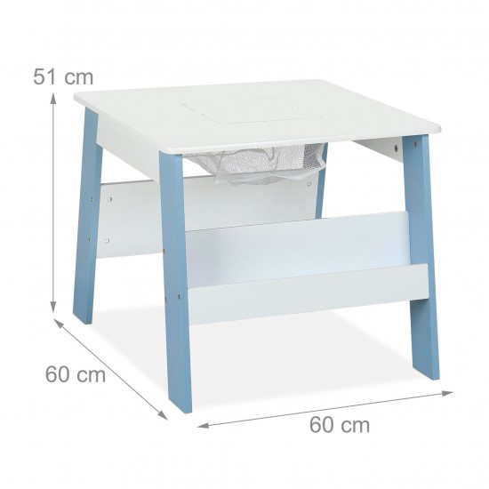 Детска Дървена Маса с 2 Столчета, с контейнер за играчки, конструктори и място за съхранение на книжки - Бяло/Синьо