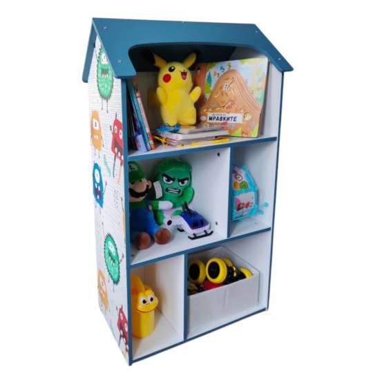 Детска етажерка GINGER HOME - Къщичка MONSTER, Синя за съхранение на играчки и книжки Детска етажерка GINGER HOME - Къщичка MONSTER, Синя за съхранение на играчки и книжки
