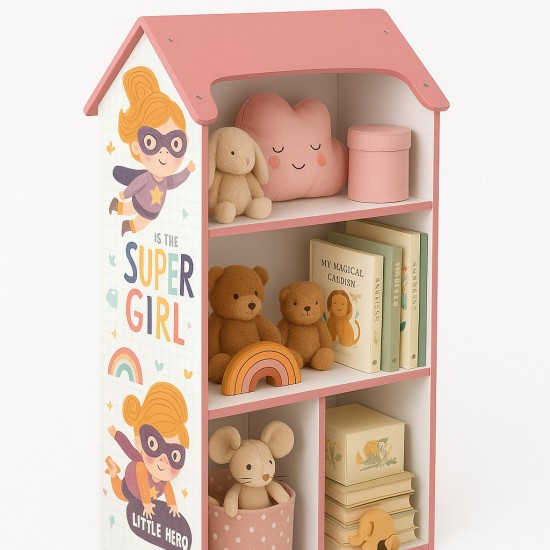 Детска етажерка GINGER HOME - Къщичка SUPER GIRL, Розова за съхранение на играчки и книжки Детска етажерка GINGER HOME - Къщичка SUPER GIRL, Розова за съхранение на играчки и книжки