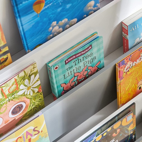 Детска Етажерка за Книжки и Списания, Библиотека с Рафтове, Дървена Секция - Бяло и Сиво Детска Етажерка за Книжки и Списания, Библиотека с Рафтове, Дървена Секция - Бяло и Сиво