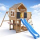 Голяма Детска Дървена Къщичка GINGER HOME за Двор с Пързалка, 2 Люлки, Катерушка и Пясъчник – 250×150×267 см